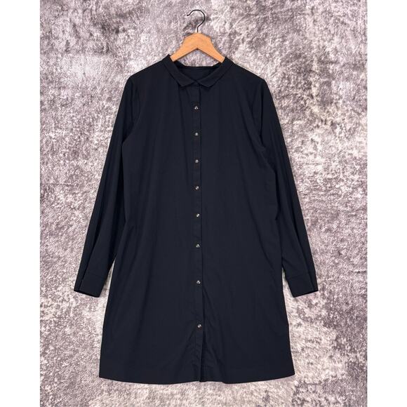 ADAY Shirt Dress Large Womens Black Collared Snap Front Tech Fabric Long Sleeve - Picture 1 of 7